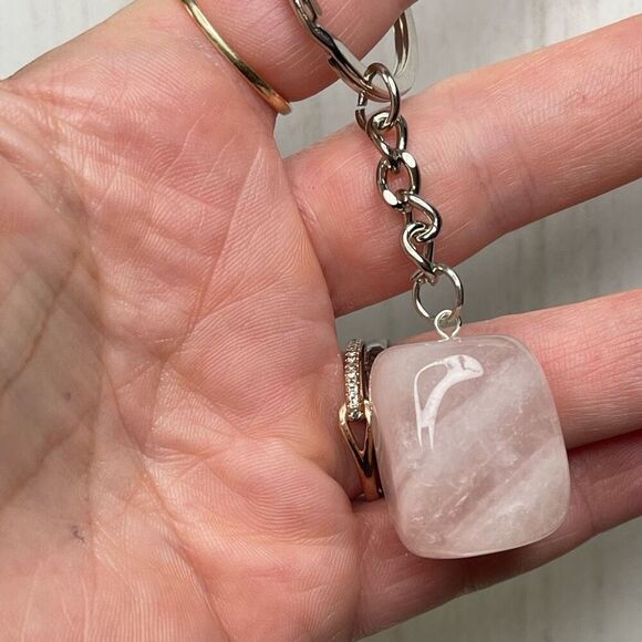 Rose quartz cube keychain key ring pendant chain NEW pink natural - Picture 5 of 7
